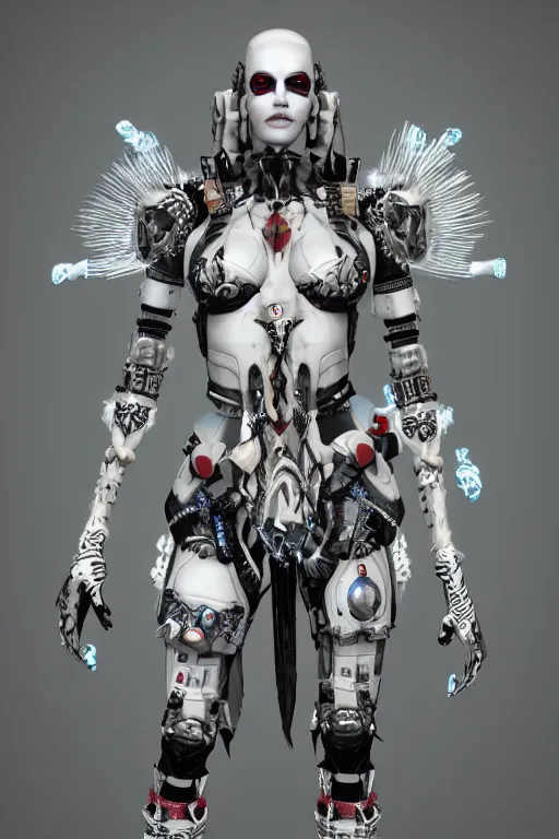 Prompt: white cyborg fashion shot, maasai punk warriors, fractal decorations, unreal engine, trending on artstation,