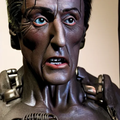 Prompt: animatronic Sylvester Stallone, exposed wires, photo, Stan Winston studios, detailed, 4k