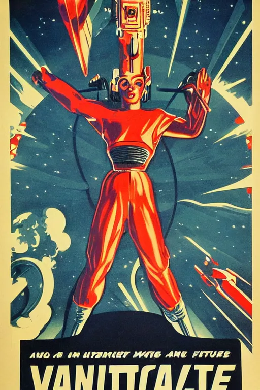 Image similar to propaganda poster of intergalactic war, 1 9 5 0 s style, futuristic design, dark, symmetrical, washed out color, centered, art deco, 1 9 5 0's futuristic, glowing highlights, intense