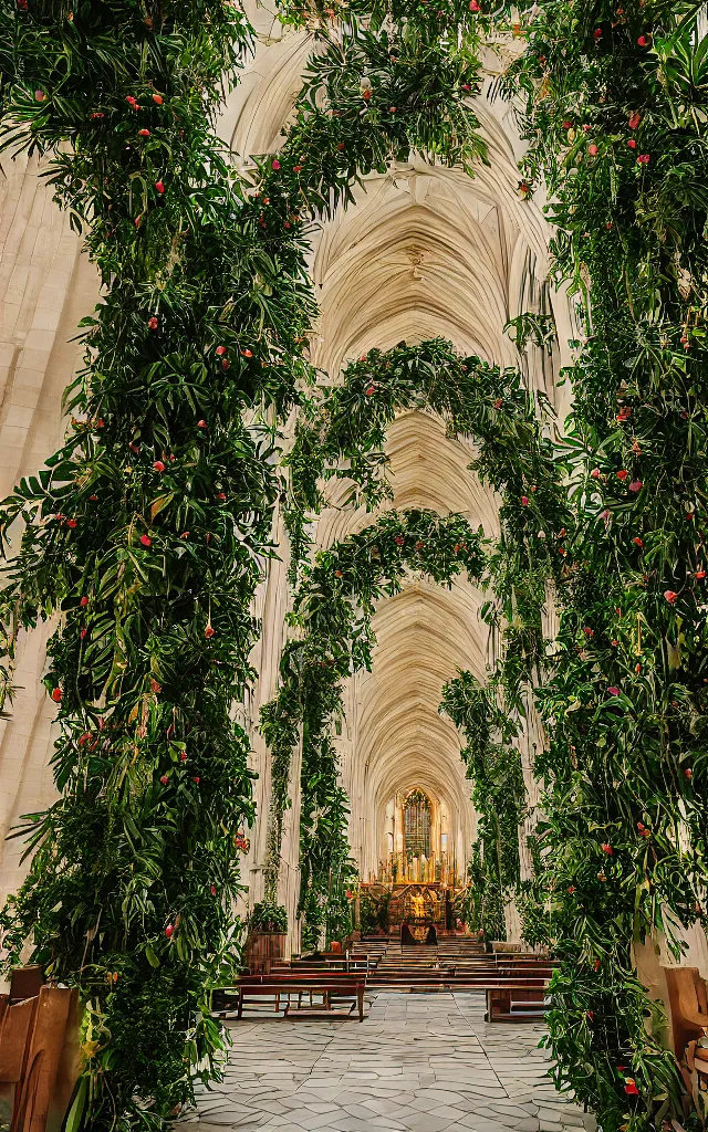 Image similar to grand cathedral interior with! koi pond in the middle! surrounded by palm trees, ivy, flowers, tropical plants, roses, and with archways, rendered in octane render with photorealistic volumetric lighting, cinematic, ultra wide angle, horizontal symmetry