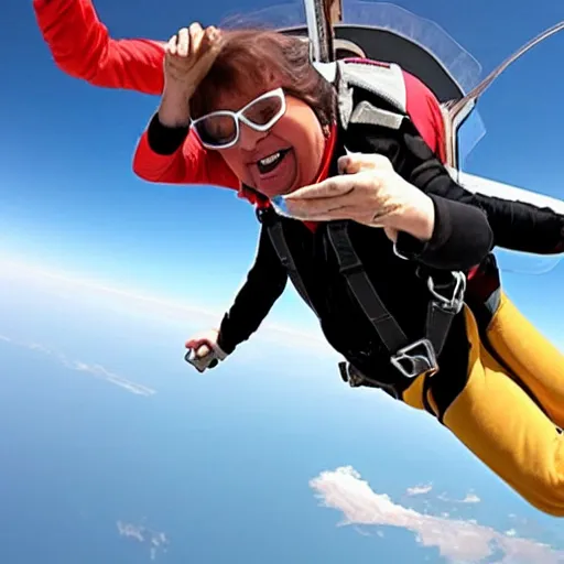 Image similar to lidia bastianich skydiving while eating a burrito