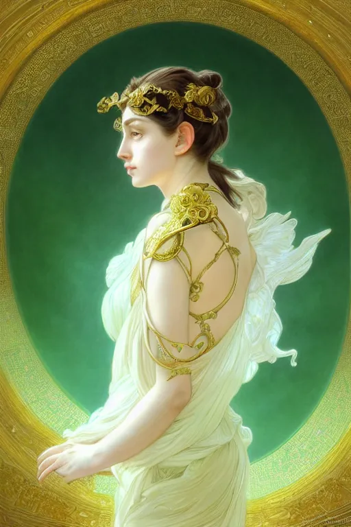 Prompt: portrait of athena , fantasy, gradient white green gold, dreamy and ethereal, green eyes, golden ratio, peaceful expression, ornate frilly dress, fantasy, intricate, elegant, golden clouds, highly detailed, digital painting, artstation, concept art, smooth,b sharp focus, illustration, art by artgerm and greg rutkowski and alphonse mucha