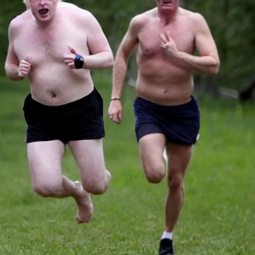 Prompt: Photo of Boris Johnson running, very hairy blond chest, shirtless, wearing white shorts