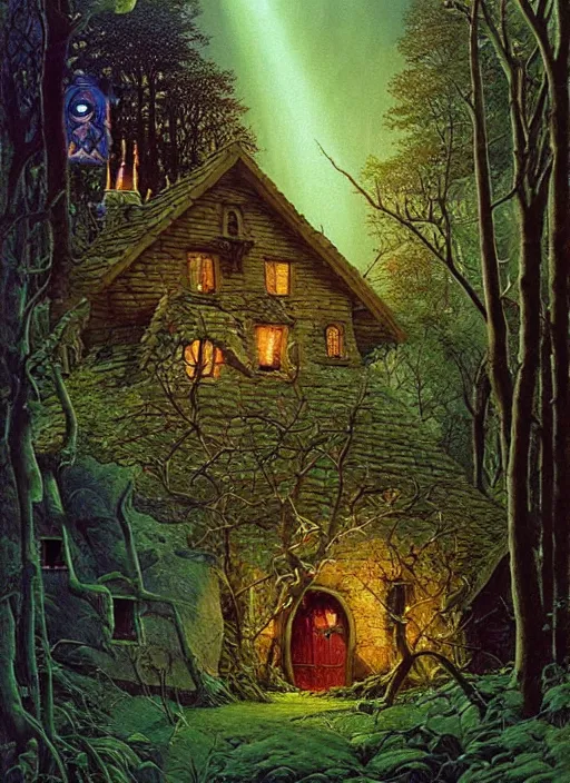 Prompt: hyper realistic witch cottage with mood lighting and technology in the woods gorgeous lighting, sunbeams blue sky, highly detailed, lush forest foliage painting by zdzisław beksinski and norman rockwell and greg rutkowski weta studio, and lucasfilm