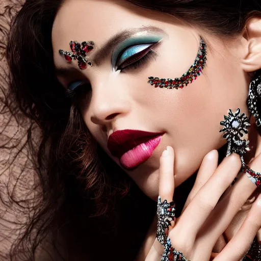 Image similar to Photo of a hand Jewellery model, bold, self confidence, cinematic, light makeup focus