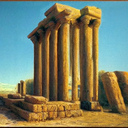 Image similar to glowing Sumerian temple in a Mediterranean landscape, bob Ross, Alan Lee, 8k photo, award winning photo