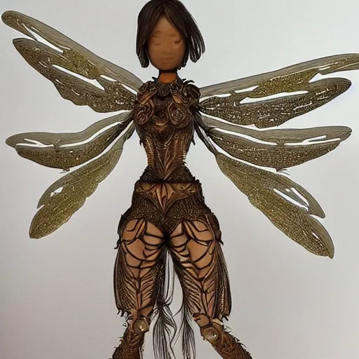 Image similar to brown woman wearing a translucent dragonfly armor. intricate. super detailed. layered. textured. award winning. dispersion of light. refracted lighting. soft. fragile.