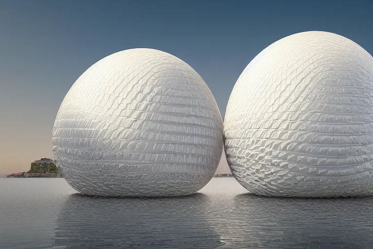 Image similar to a building composed of many multi - white spherical egg - shaped spaces. on the calm lake, people's perspective modern curved architecture, future, award winning, highly detailed 4 k art, dusk, by kazuyo sejima