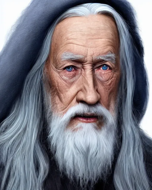 Image similar to portrait of 8 0 - year - old man, with blue eyes, very long silver hair, and very long silver beard, a long crooked nose, dumbledore, wearing in black cloak, hyper realistic face, beautiful eyes, character art, art by mark brooks, hyperdetailed, cryengine, trending on artstation, digital art