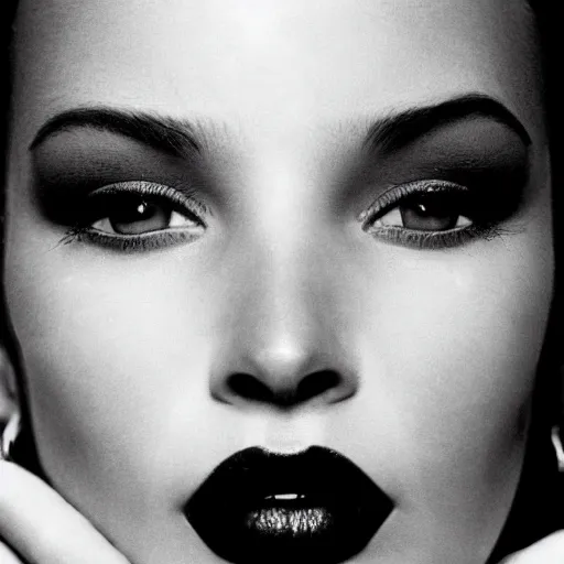 Image similar to black and white vogue extreme closeup portrait by herb ritts of a beautiful female model, high contrast