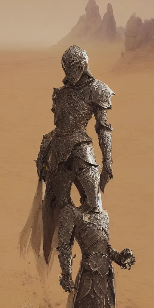 Image similar to a knight in crystal armor in the desert surrounded by sand dunes, greg rutkowski, 8 k, shallow depth of field, intricate detail, concept art,