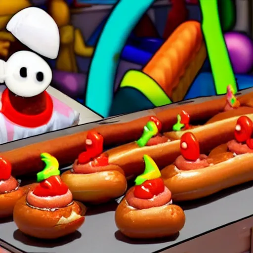 Image similar to hotdog aliens running the bun factory