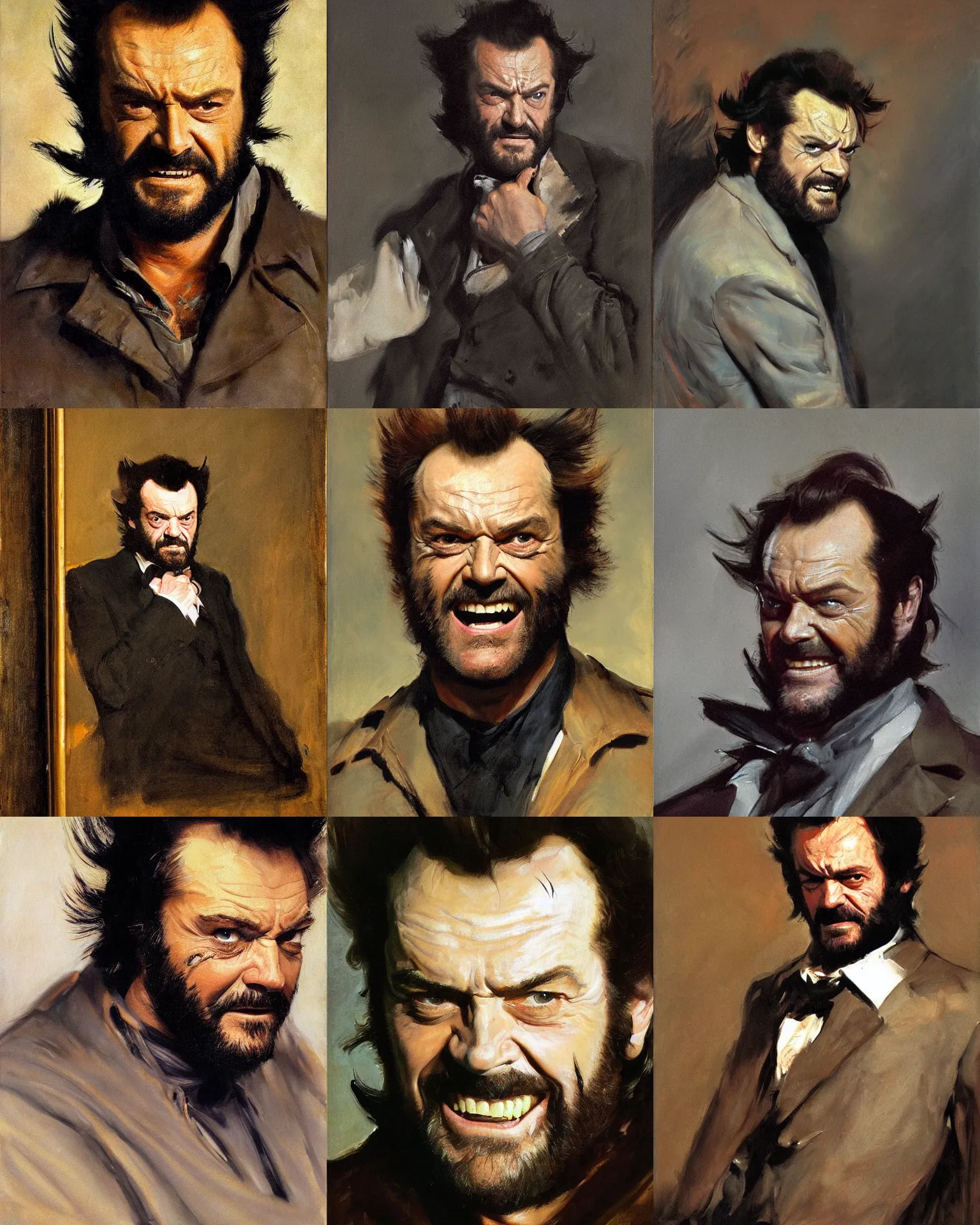 Prompt: A portrait of Jack Nicholson as Wolverine, painted by John Singer Sargent, by Rembrandt