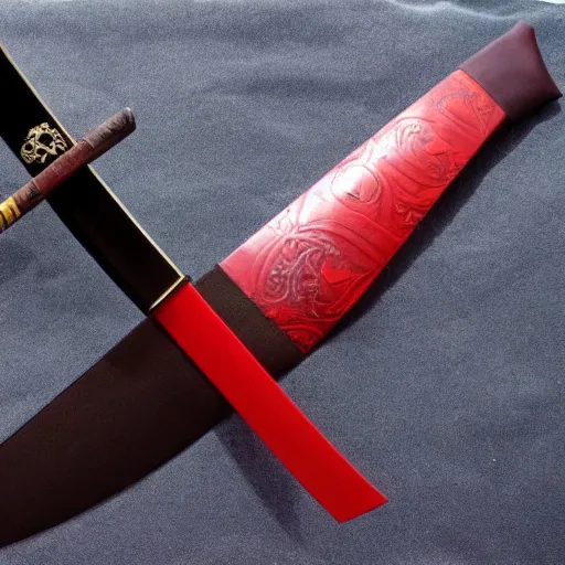 Prompt: a katana with a square tsuba sheathed inside a crimson colored scabbard