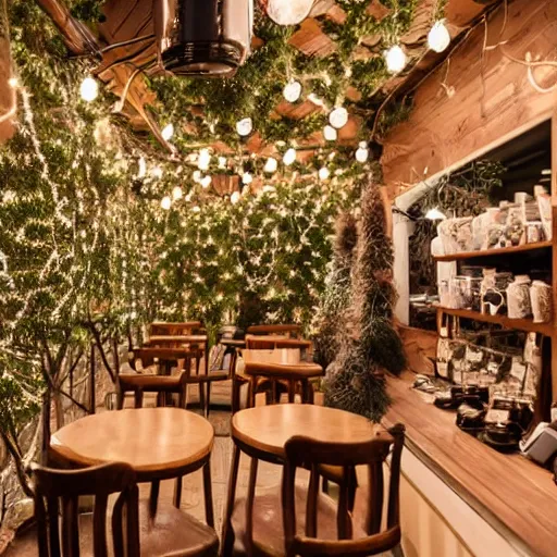 Prompt: professional photograph of a cozy little nature - themed coffee shop with fairy lights, high quality, hd, highly detailed, award - winning, awe - inspiring, 4 k, 8 k,