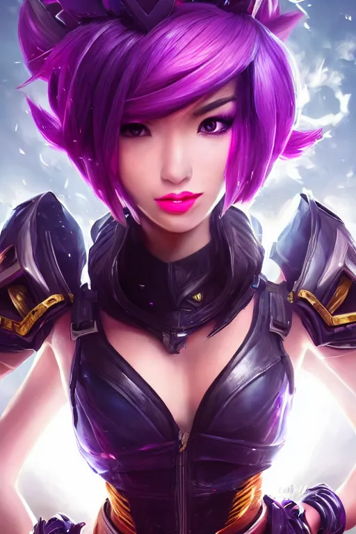 Image similar to portrait art of vi from league of legends, 8 k ultra realistic, digital art, character portrait, highly detailed, trending on artstation, lens flare, atmosphere, hyper realistic, cinematic lightning, sharp focus, unreal engine 5, extreme details perfect face, pretty face, fine - face, illustration, 8 k, ultra texture, masterpiece