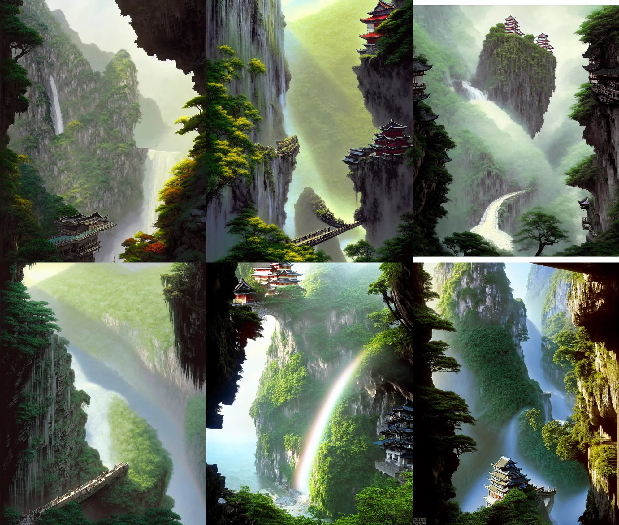 Prompt: establishing wide shot inside han son doong with waterfalls on either side of the cliff walls, at the top of the cliff is a japanese castle, a cloister is built into the cliff walls, an old suspension bridge spans the walls, sunny morning light, sunbeam, saturated colors, fantasy lighting, detailed digital concept art by greg rutkowski and gerald brom and james gurney