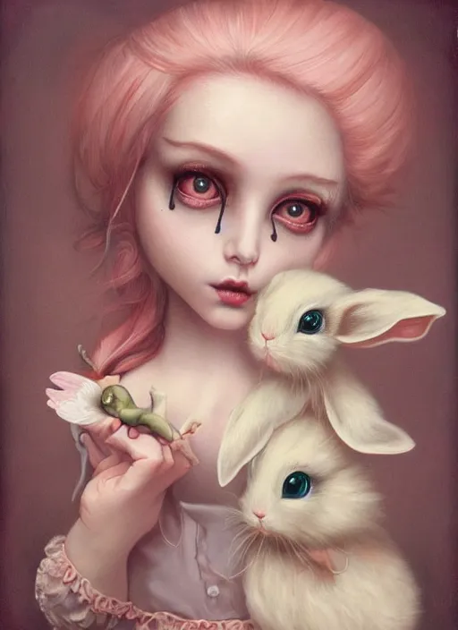 Prompt: pop surrealism, lowbrow art, realistic cute alice girl painting, holding bunny, hyper realism, muted colours, rococo, natalie shau, loreta lux, tom bagshaw, mark ryden, trevor brown style,