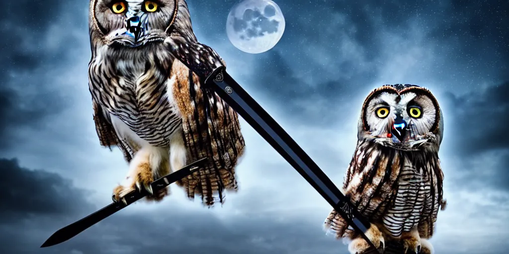 Prompt: An owl with fluffy fur holding a sword, moonlight, natural light, Cinematic level shot, dynamic pose, award winning photograph, photorealism, beautiful lighting, sharp, details, hyper-detailed, HDR, 8K