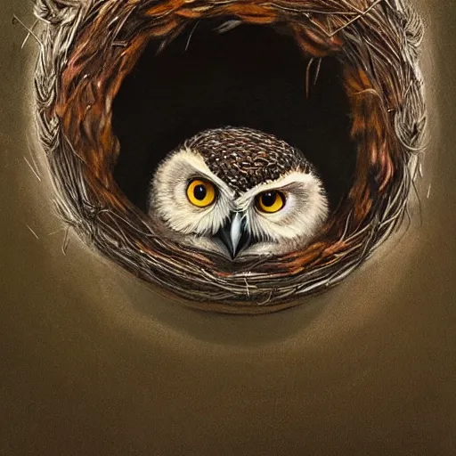 Image similar to long shot of a very cute owl chick nesting in a cup, esao andrews, by m. w. kaluta, soulful illustration, hyperrealistic, big depth of field, warm colors, night scenery, low light, 3 d octane render, 4 k, volumetric lights, intricate, smooth, cosy atmosphere, conceptart, hyperdetailed, hyperrealistic, trending on artstation