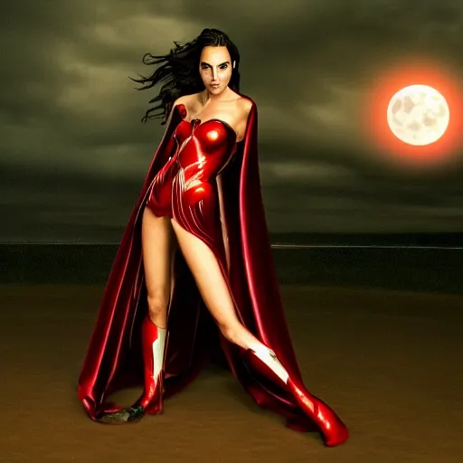 Image similar to Full body photo of the beautiful woman Gal Gadot as a vampire, she is quiet, she has vampire fangs, there is a red glow coming from her, she is getting ulluminated by the red full moon, the photo was taking by Annie Leibovitz, matte painting, oil painting, naturalism, 4k, 8k