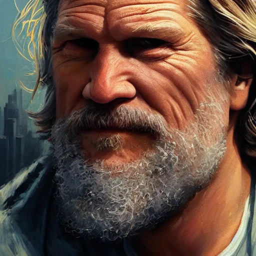 Prompt: closeup portrait of jeff bridges as the dude, dramatic lighting, city background, chiaroscuro, high detail, painted by greg rutkowski, painted by igor kieryluk, painted by bobby chiu, trending on artstation