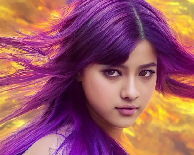 Image similar to cute Liza Soberano in epic battle pose, cinematic, 4k, hyper realistic, super detailed, colorful accents, purple hair, golden ratio, symmetrical face, highly detailed professional photo