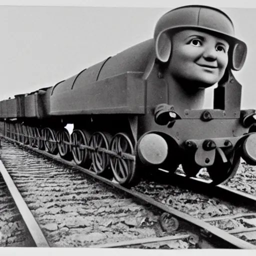 Prompt: WW2 era photograph of a Schwere-Gustav train artillery from WW2 with with Thomas the Tank Engine face