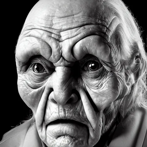 Prompt: a webspace telescope image photograph of evil, satan, the creator of evil, eyes wide, sunken face, deep wrinkles!, frown!, light behind, cinematic lighting, face shown, with intense chiaroscuro lighting perfect composition, scary, award winning photograph, the original conscious, mean look, a cold face, terrifying, hate, cold