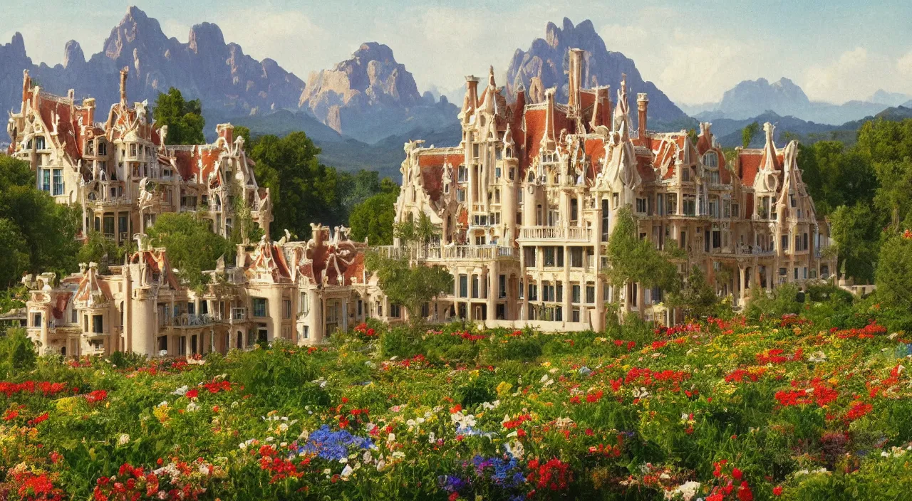 Prompt: a manor designed by Antoni Gaudí, with flower fields as foreground, with mountains as background, by Thomas Cole