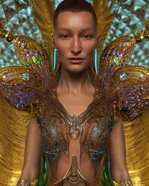 Image similar to a highly detailed metahuman 4 k close up render of an alien goddess bella hadid monument jibaro renaissance in iris van herpen dress schiaparelli in diamonds crystals swarovski and jewelry iridescent in style of alphonse mucha gustav klimt trending on artstation made in unreal engine 4