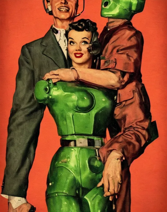 Image similar to a female housewife!!!! being hugged by a manly metal robot!!!! in a suit!!!, 1 9 5 0 s horror film movie poster style, ( norman rockwell oil painting ), close - up shot, tight shot, retro science fiction, vintage, saturated pink and green lighting, shadowy lighting