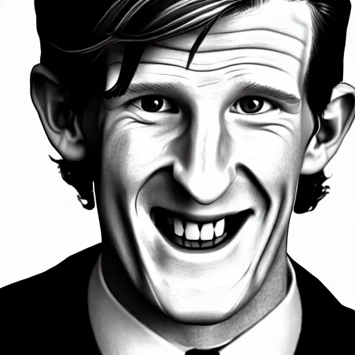 Image similar to beautiful lifelike award winning pencil illustration of the 1 1 th doctor matt smith smiling, whole body cinematic atmospheric, highly detailed, beautiful and realistic faces