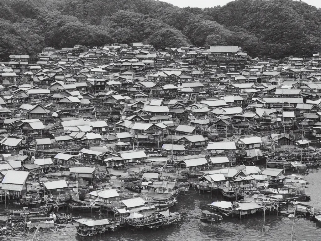 Prompt: hasselblad photo of a quiet japanese fishing village