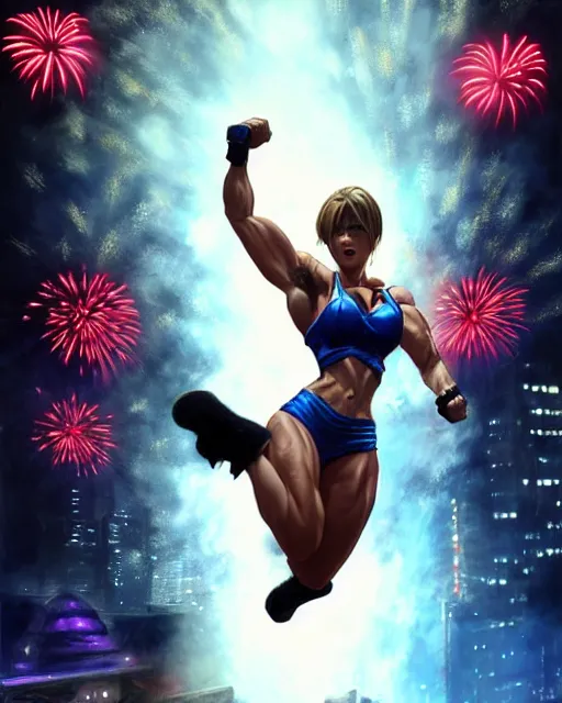 Prompt: gigachad jill valentine bodybuilder jumping in front of a fireworks show fighting wearing a suit in the fight club city, fantasy character portrait, ultra realistic, anime key visual, full body concept art, intricate details, highly detailed by greg rutkowski, ilya kuvshinov, gaston bussiere, craig mullins, simon bisley