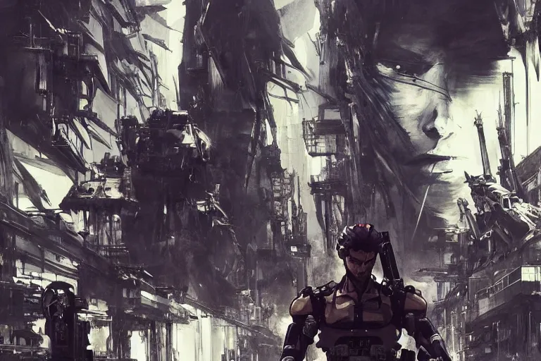 Image similar to a epic yoji shinkawa painting of the clone wars happening in the city of terra, gritty tech, deep focus, fantasy, intricate, elegant, highly detailed, digital painting, artstation, concept art, matte, sharp focus, illustration, dark fantasy style art, resident evil, art by artgerm and greg rutkowski and alphonse mucha