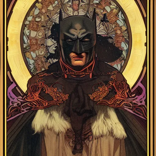 Prompt: Portrait Batman ancient biblical, sultry, sneering, evil, pagan, wicked, highly detailed, masterpiece 8K digital illustration, art by Mucha, highly detailed
