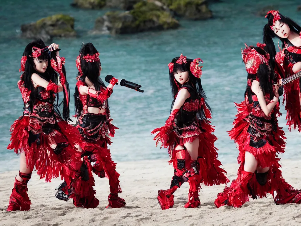 Image similar to babymetal performing on a tropical beach beautiful, scenery, High Definition detail, 8K, photography