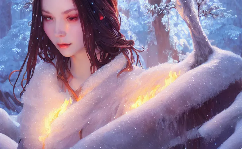 Image similar to beautiful ancient frost witch, fire in eye, snow glow, pool party, highly detailed, digital painting, artstation, sharp focus, illustration, art by tan zi and ayanamikodon and alphonse mucha and wlop