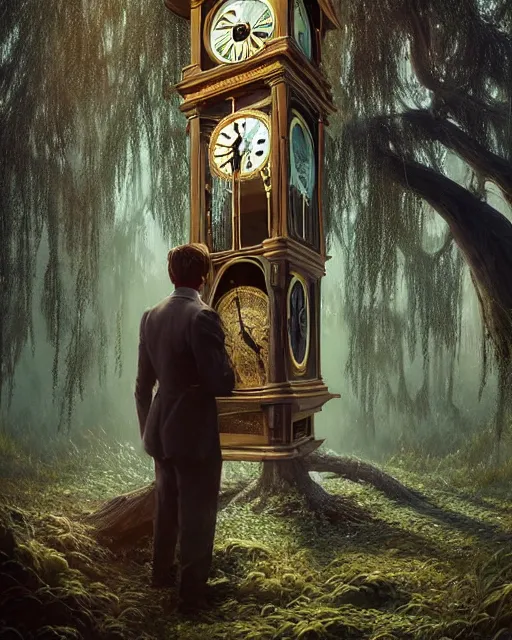 Image similar to highly detailed surreal vfx portrait of a cursed grandfather clock in a shadowy forest by a willow tree, stephen bliss, unreal engine, greg rutkowski, loish, rhads, beeple, makoto shinkai and lois van baarle, ilya kuvshinov, rossdraws, tom bagshaw, alphonse mucha, global illumination, detailed and intricate environment