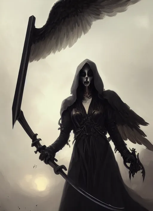 Image similar to a portrait of a beautiful angel of death with black wings holding a large scythe by marco bucci and greg rutkowski, sharp focus, very detailed, cinematic, closeup, trending on artstation, 4 k