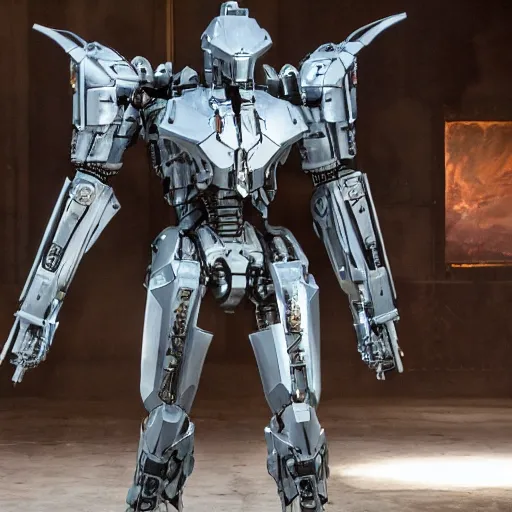 Image similar to cinematic still in westworld and real steel movie and pacific rim movie, one slim full body ornate armored core by fujioka kenki and by mamoru nagano, holding sci - fi rifle,