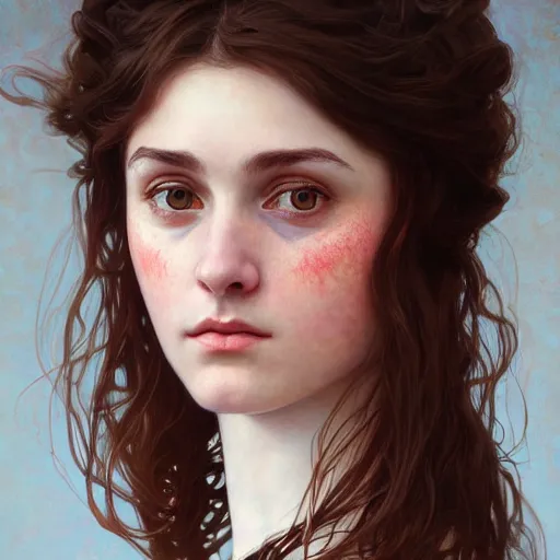 Image similar to portrait of a welsh girl with brown hair, glowing skin, delicate features, teenage amelie poulain, fantasy, intricate, elegant, dress shirt, highly detailed, digital painting, artstation, concept art, smooth, sharp focus, illustration, art by Krenz Cushart and Artem Demura and alphonse mucha