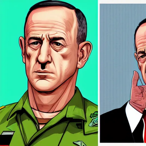 Image similar to portrait of Benny Gantz Defense Minister of Israel as a GTA v character. GTA v loading screen illustration by martin ansin, matt bors