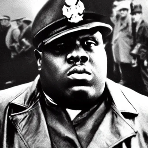 Prompt: Biggie Smalls as an American soldier on D Day, epic, WWII, 1940s photo, cinematic, highly detailed, gritty, combat, sharp focus, closeup