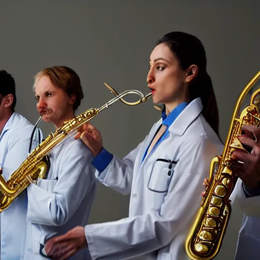 Prompt: doctors playing medical saxophones during an emergency