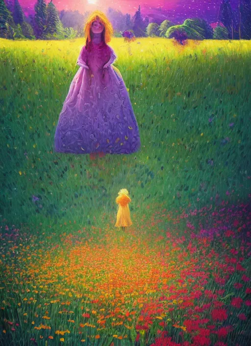 Image similar to girl with giant flower as a face and flower dress, standing in a flower field hills, big trees, sunrise dramatic light, impressionist painting, colorful clouds, digital painting, pointillism, artstation, simon stalenhag