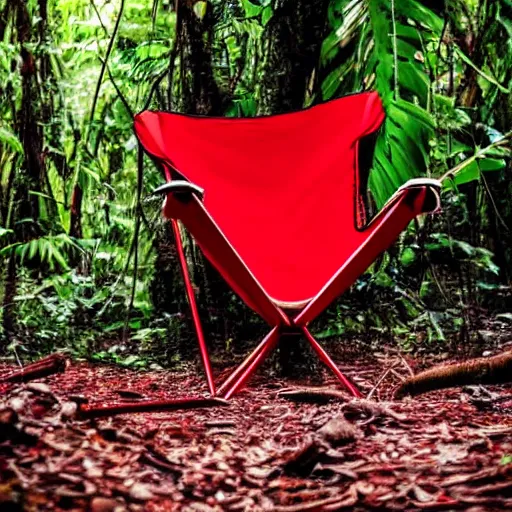 Image similar to a red camping chair in the middle of a dense jungle. the chair is far away from the camera.