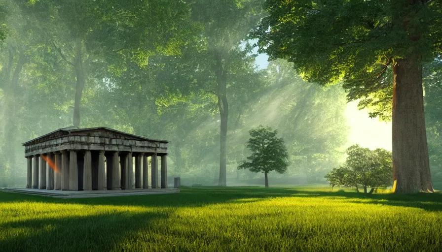 Prompt: round greek temple standing between large trees, volumetric lightbeams and sunshafts coming from the left illuminating the scenery, long grass in the foreground, digital rendering, artstation, hyperdetailed