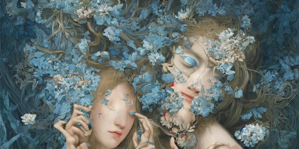 Image similar to breathtaking detailed concept art painting art deco pattern of blonde faces goddesses amalmation light - blue flowers with anxious piercing eyes and blend of flowers and birds, by hsiao - ron cheng and john james audubon, bizarre compositions, exquisite detail, extremely moody lighting, 8 k